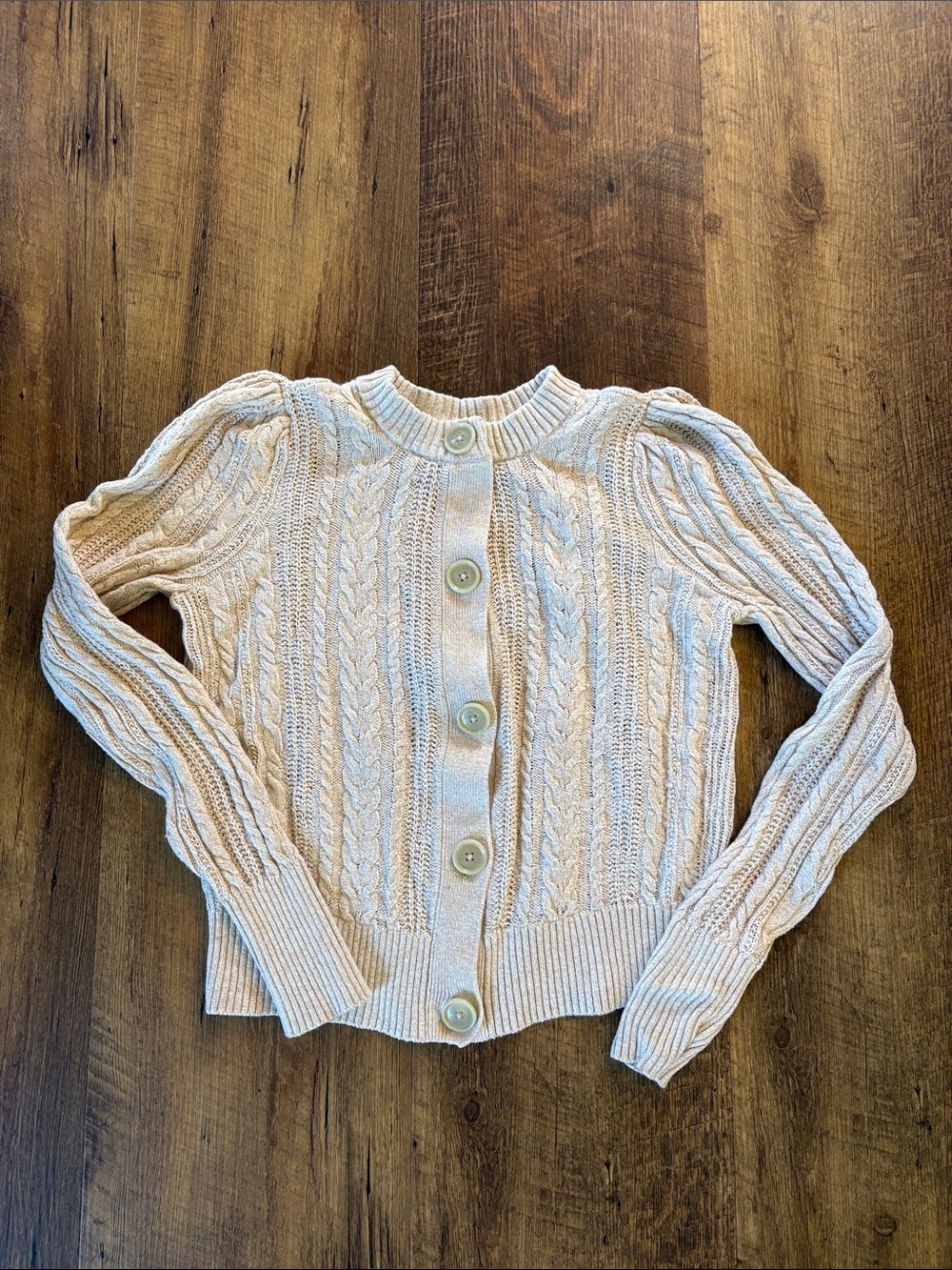 LOFT Cream Cable Knit Puff-Sleeve Cardigan